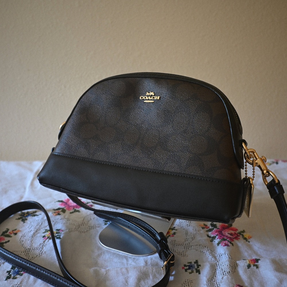 Coach Signature Coated Canvas Dome Crossbody Bag Brown Black Gold Hardware